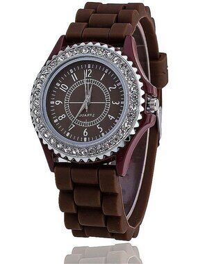 Women's Brown Analog Quartz Silicone Band Lady Digital Rhinestone Wrist Watch